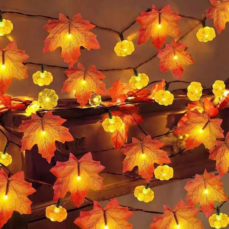 New LED Simulation Maple Leaf Pumpkin Light String Battery Box Remote Control Halloween Thanksgiving Yard Party Decoration Light