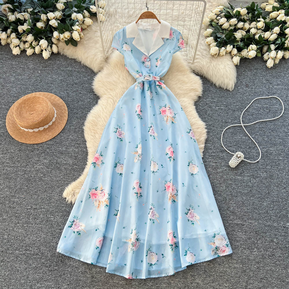 French retro floral sleeveless dress - women's summer v-neck, slimming a-line maxi dress, vacation style - blue