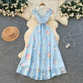 French retro floral sleeveless dress - women's summer v-neck, slimming a-line maxi dress, vacation style - blue