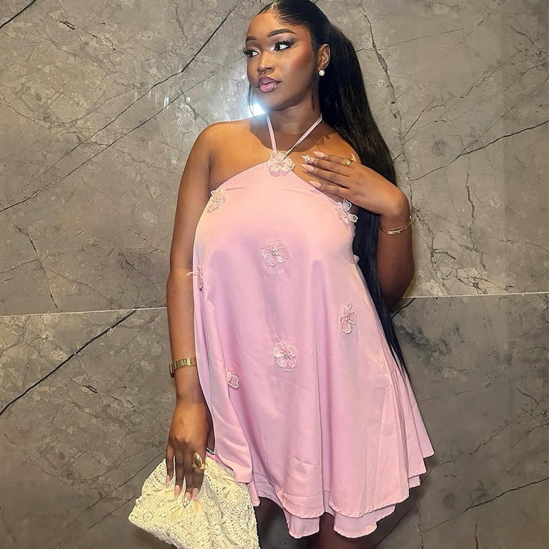 European and american cross-border women's fashion  summer new arrival: elegant halter neck asymmetrical pink camisole dress with 3d floral appliqués