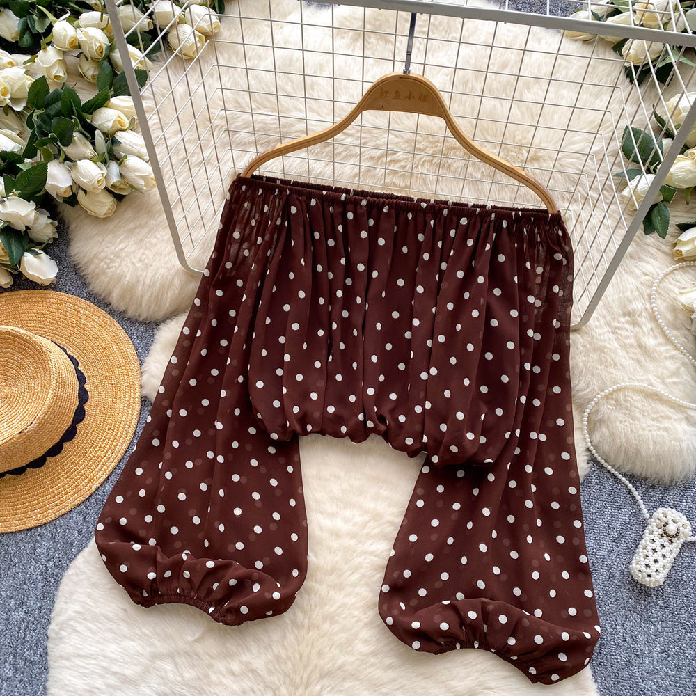 K-style polka dot one shoulder puff sleeve elegantshirt women's springlooselong sleevescardigancomfortable breathabletops