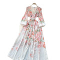 French chic vintage court style dress - women's autumn tie-waist v-neck single-breasted printed maxi dress