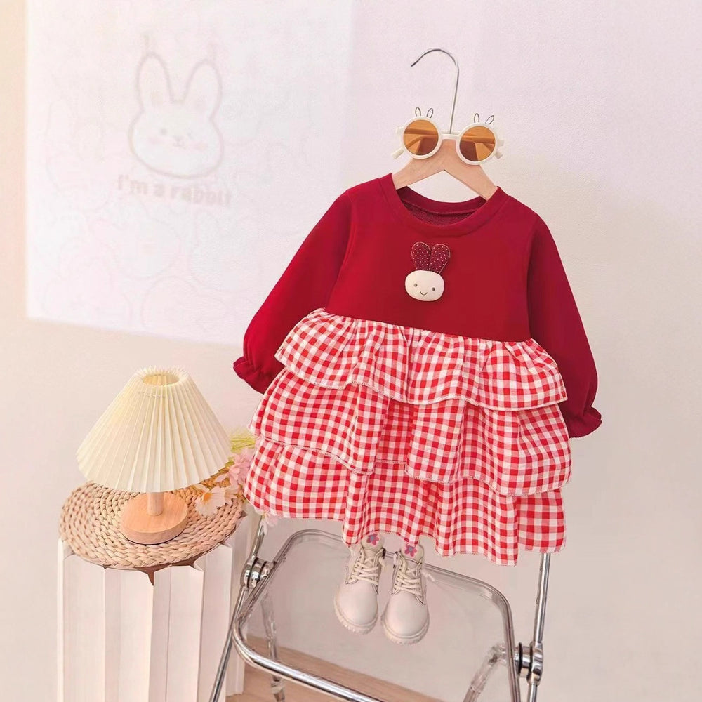 Girls' spring/autumn korean style dress - chic cherry plaid long sleeve dress for little girls, baby princess dress