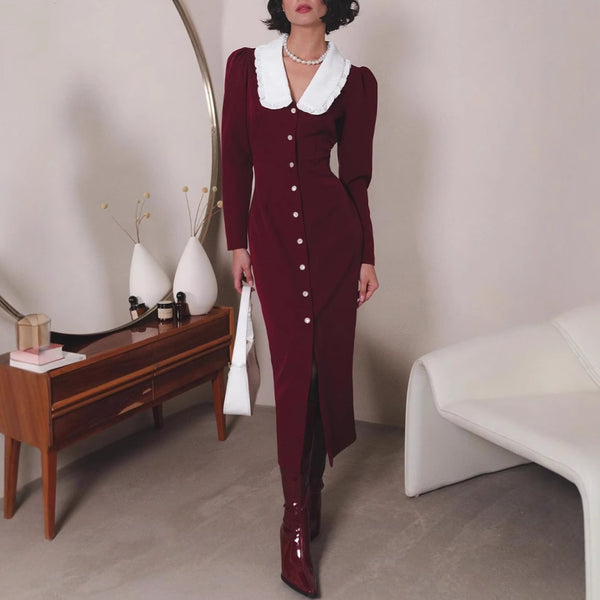 Spring Fashion French Doll Collar Neck Bubble Sleeve Buckle Contrasting Color Slim Fit Hip Wrap Dress 2025 European and American New
