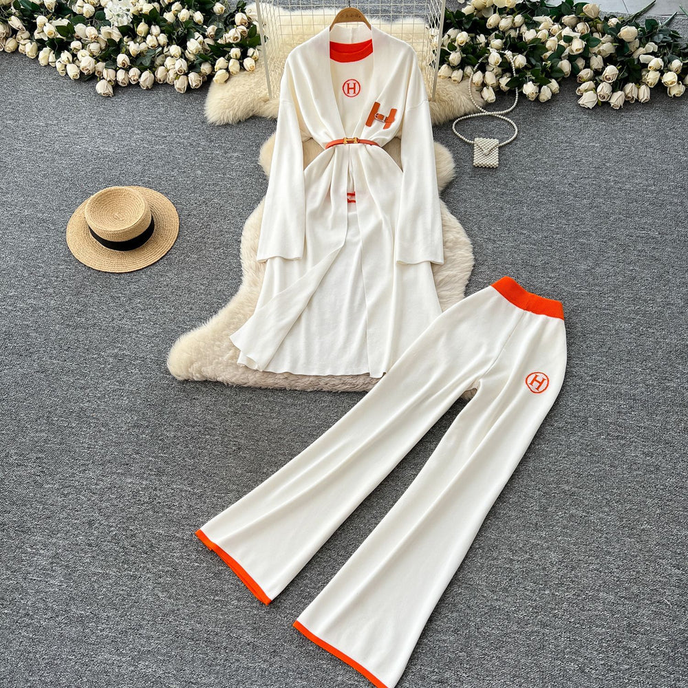 European and american fashion color block crew neck short sleeve knit top + cinched waist longline outerwear jacket + high-waisted pants three-piece set