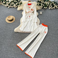 European and american fashion color block crew neck short sleeve knit top + cinched waist longline outerwear jacket + high-waisted pants three-piece set