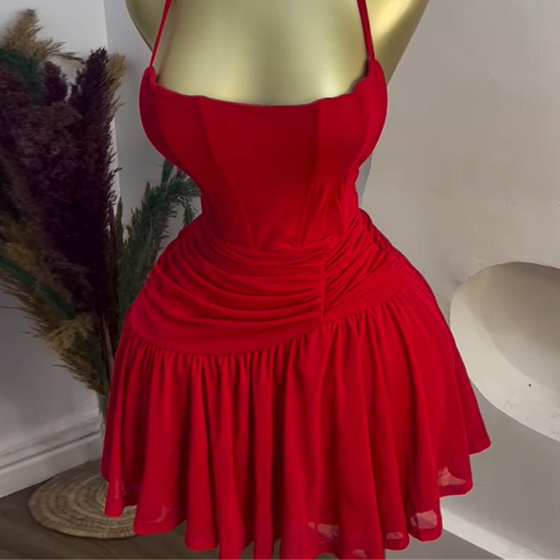 European and american cross-border women's fashion  summer new arrival: elegant ruched high-waisted asymmetrical short red slip dress