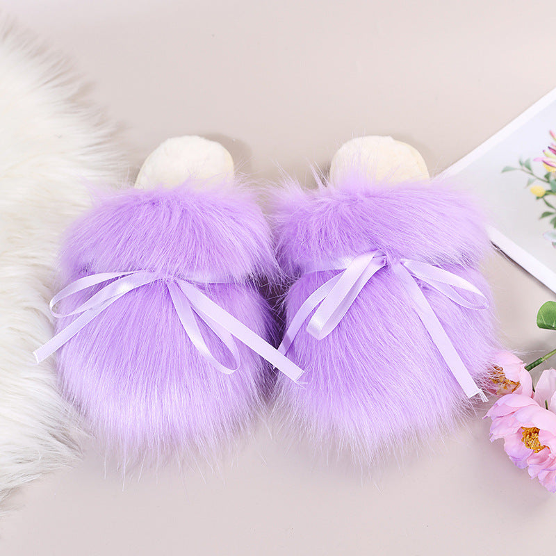 Baotou furry slippers for women outwear2024fall and winternew arrivalbows imitation fox fur fairy style flats cotton slippers
