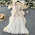 Frenchromantic atmosphere square neck dress female summer mesh embroiderpatchworksense of design royal sister elegant long skirt