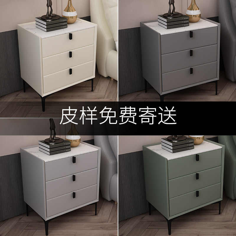 Ready-to-ship, modern, minimalist faux leather bedside table with three drawers, italian-style high-end, popular bedroom solid wood nightstand