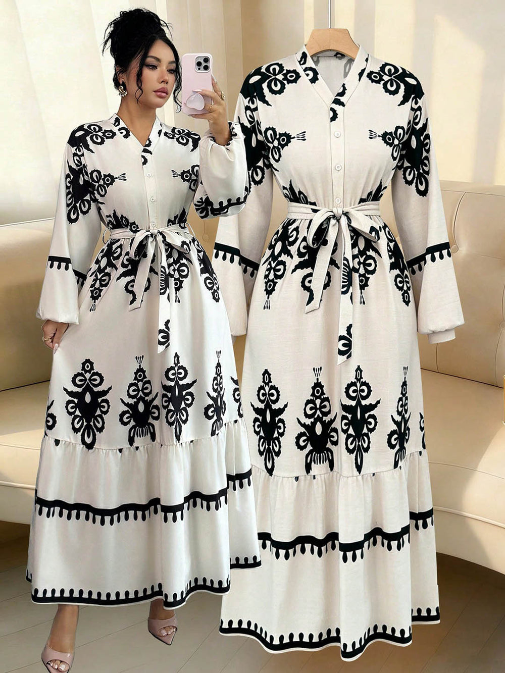 Vintage ethnic print maxi dress - v-neck, single-breasted, lantern sleeves, tie-waist, ruffle hem