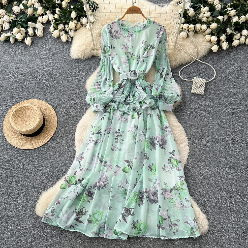 French chic floral slim-fit printed dress - women's summer tie-waist a-line maxi dress - vacation style, slimming design