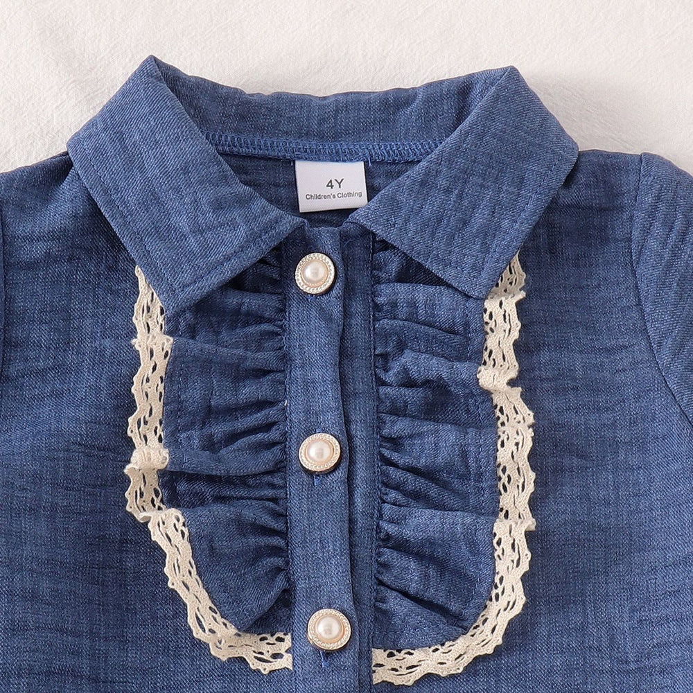 Girls' outfit set: new summer collection for cross-border e-commerce - preppy style lace-trimmed short-sleeve blouse with bow and pleated skirt