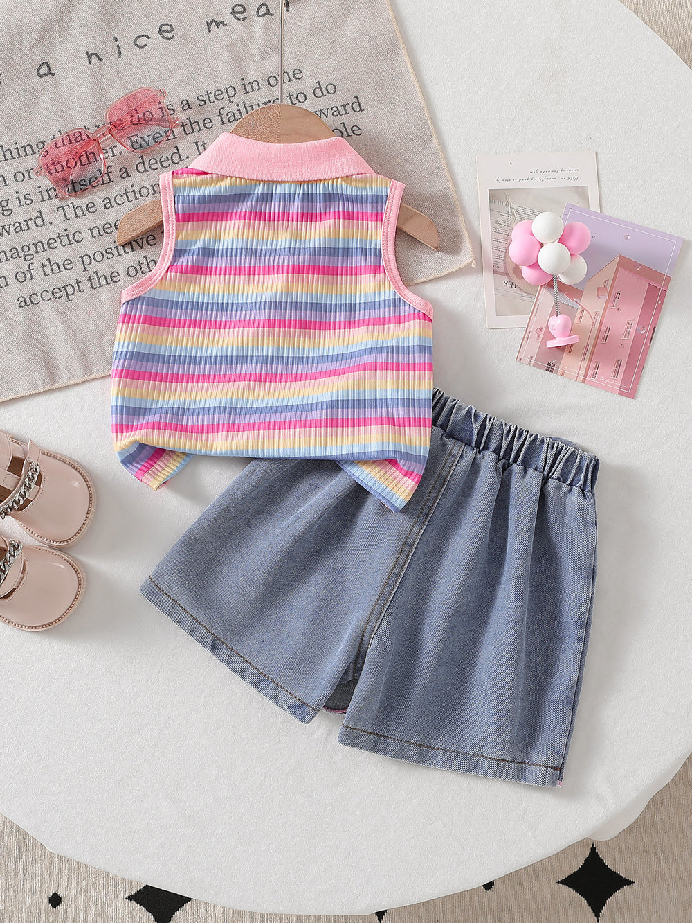 cross-border girls' fashion striped polo shirt top + irregular embroidered floral denim jeans two-piece set