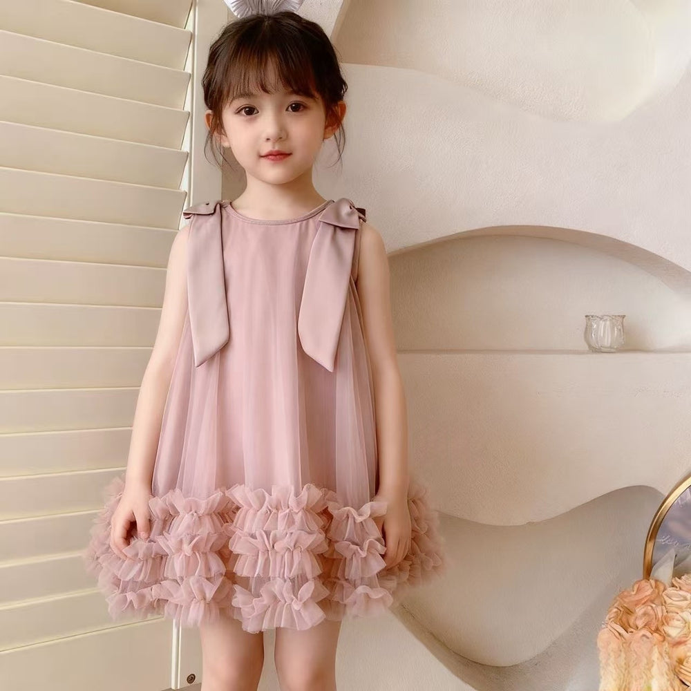 Girls' summer dress : stylish new children's bowknot mesh princess dress, baby sleeveless formal gown