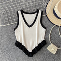 Sweet and spicy girl niche color-block v-neck sleeveless knit tank top for women,  summer new style, ruffle trim, slim fit, figure-flattering top