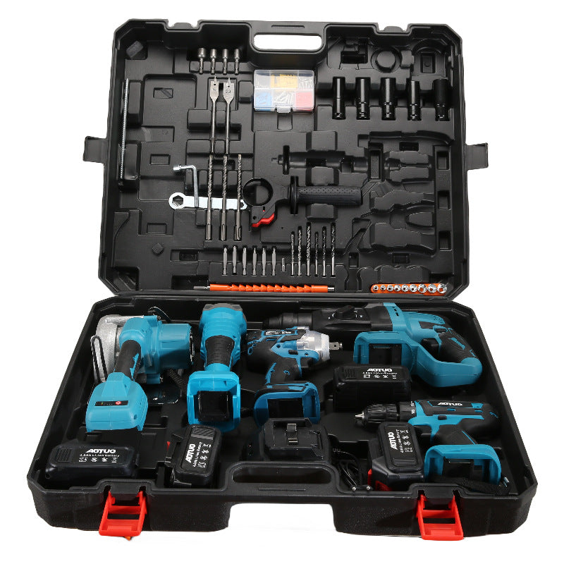 Brushless lithium power tool set, lithium battery impact drill angle grinder, electric drill wrench four-piece set, 2 batteries universal