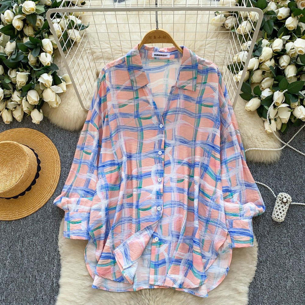K-styleloosegrids pattern comfortable breathable shirt women's long sleevesspringcardigancommuting boyfriend style lazy sun protection tops