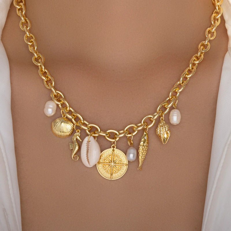 Wholesale necklaces: european and american casual & vacation style, high-end seashell necklaces, faux pearl conch & seahorse disc pendants