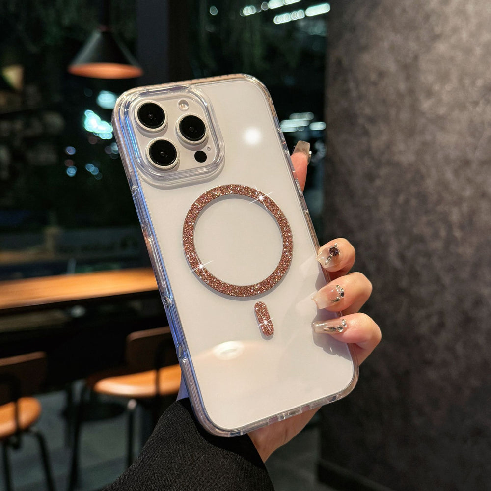 Crystal diamond high-transparency glitter magnetic iphone 17 pro max case, compatible with iphone 14 & 15, color block shockproof frame