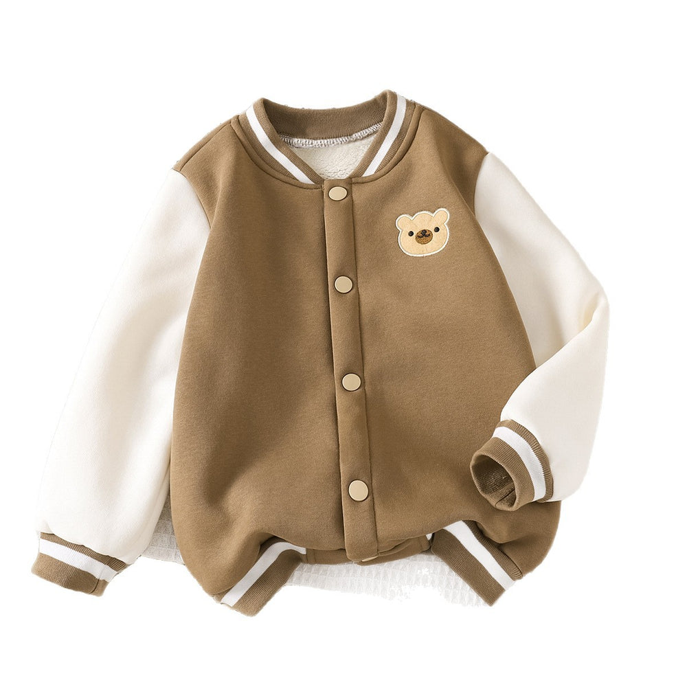 kidsjacketfall and winterheattechthickenedkhaki colorbearembroidercasualcutegirl baseball uniformoutwear