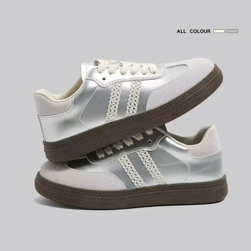 Retro silver german training shoes for women 2026autum with skirt lace edge thick solecasual waffle agan sneakers