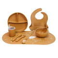 hot-selling children's food supplement silicone dinner plate, bowl, fork, spoon, bib, eight-piece tableware set, anti-fall dinner plate, suction cup