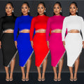 C6829 cross-border   fashion women's solid color long sleeve cropped two-piece dress set