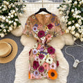 High-end women's summer dress - french vintage v-neck lantern sleeve, heavily embroidered mesh, cinched waist, puff sleeve dress