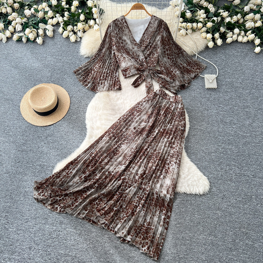 French romantic leopard print two-piece set for women - autumn v-neck, slim fit, high-end purple elegant outfit