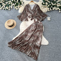 French romantic leopard print two-piece set for women - autumn v-neck, slim fit, high-end purple elegant outfit