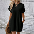 new european and american style solid color loose-fit short sleeve dress - summer casual round neck pocket design women's clothing