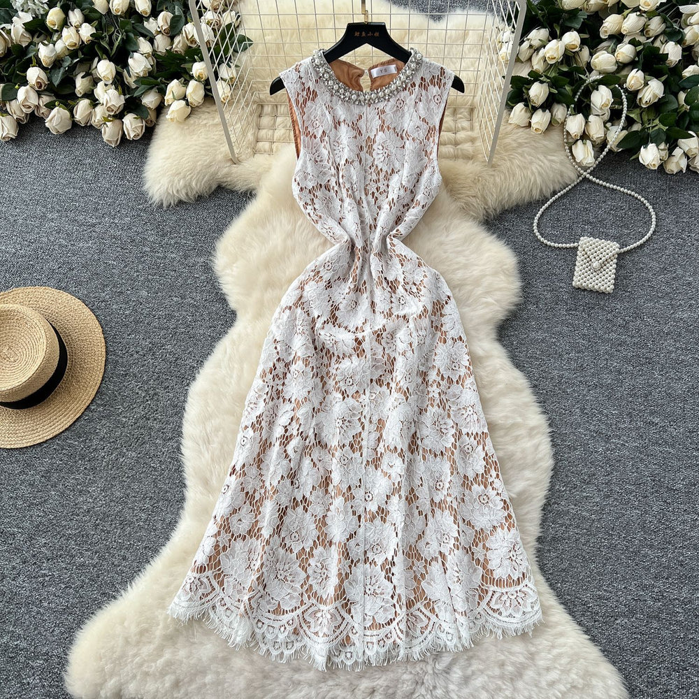 Elegant women's dress  summer french chic luxury handcrafted rhinestone embellished round neck sleeveless cinched waist lace maxi dress
