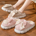Sweet bowknot home cotton slippers women's autumn winter fleece-lined cotton slippers women's slippers men's closed-toe slippers postpartum shoes women