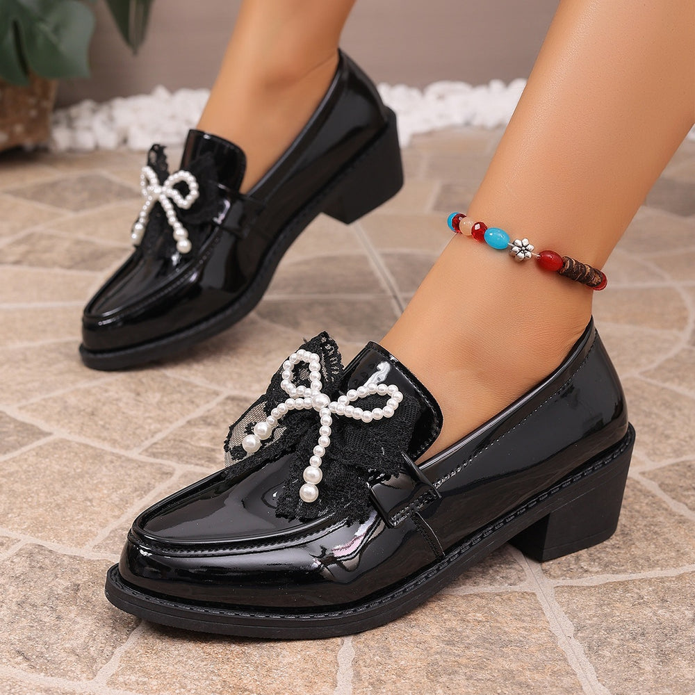 export plus size chunky heel loafers for women,  spring/autumn new collection, british style bowknot slip-on leather shoes