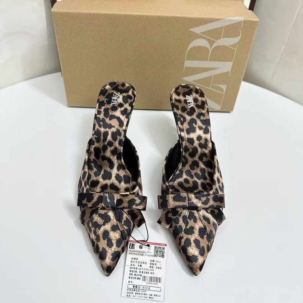 Za's 2025 new women's leopard print mules: summer outdoor wear, bow accent, pointed toe, stiletto heel, high heel mules