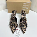 Za's 2025 new women's leopard print mules: summer outdoor wear, bow accent, pointed toe, stiletto heel, high heel mules
