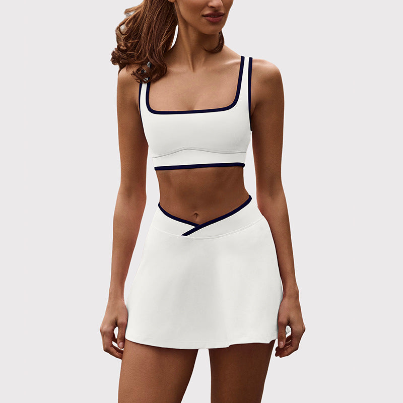 Shockproof with chest pad high elastic brushed fitness tops tennis skirt halter sports intimates short skirt yoga suit for women