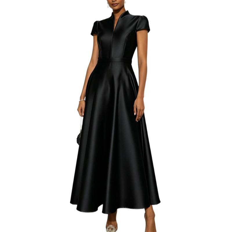 European and american cross-border new arrival: solid color knitted satin short-sleeve a-line dress with cinched waist