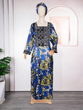 Aliexpress hot-selling crystal satin printed dress with headscarf, rhinestone embellishments, african plus size women's color block robe