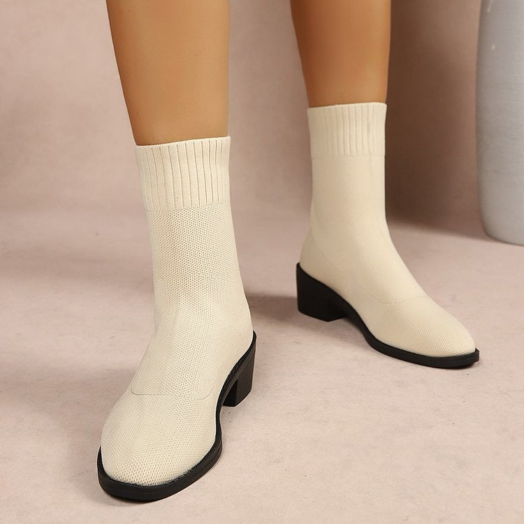 Export women's shoes  fashionknittingspring & fall single boots pointed thick heel women's flats thin boots women's mid-heeled short boots