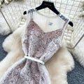 French romantic style heavy lace sleeveless dress - women's summer sheer slimming elegant long gown