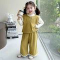 【dropshipping】girls' autumn bowknot vest set - trendy kids' fashion vest with lace wide-leg pants, three-piece outfit