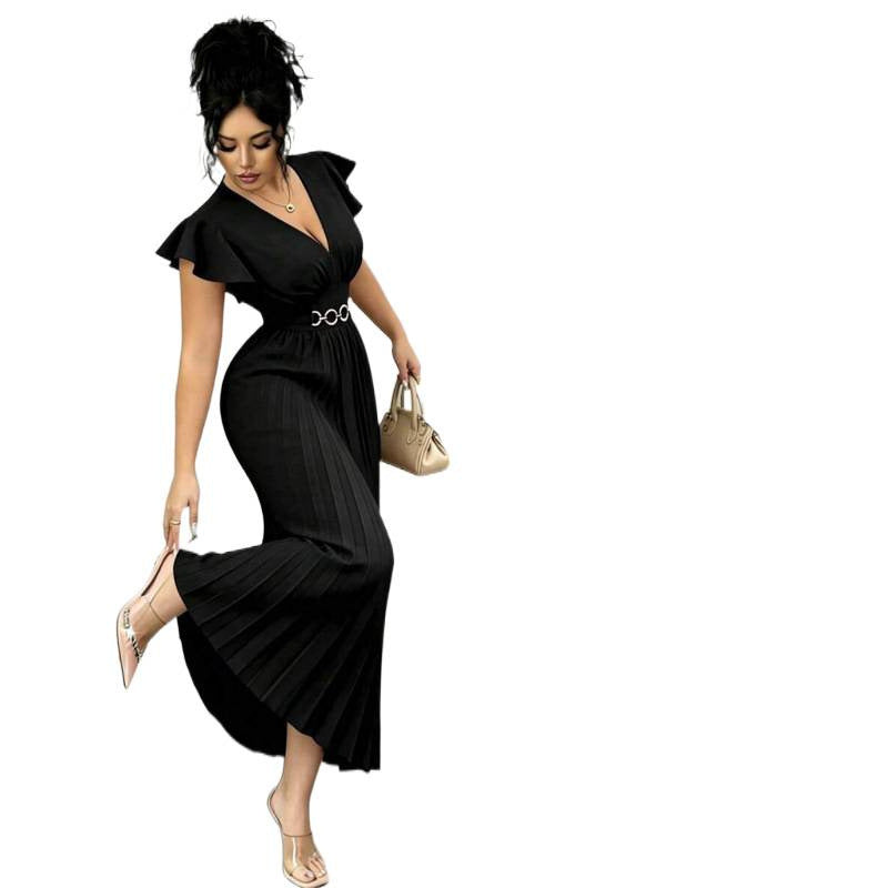 Amazon fashion  summer deep v neck ruffles sleeve pleated design waist elegantdress women
