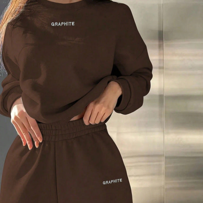 026  fashion cross-border retro brown sports suit small letter embroider short sweatshirt jogger pants