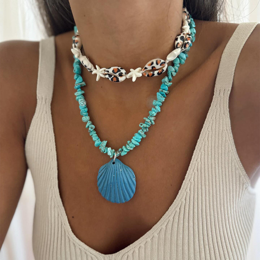 European and american cross-border fresh and sweet blue shell pendant necklace casual vacation summer shell layered clavicle chain for women