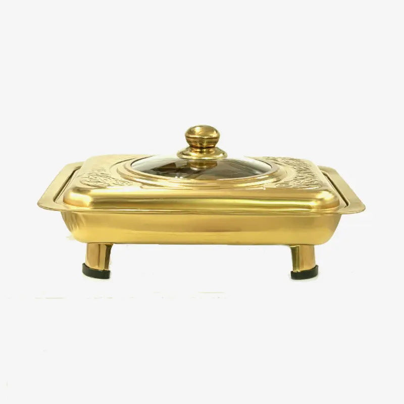 Stainless steel gold four-plate warming tray with printed combination lid - buffet warming cabinet for home, hotel, and restaurant use - wholesale from manufacturer