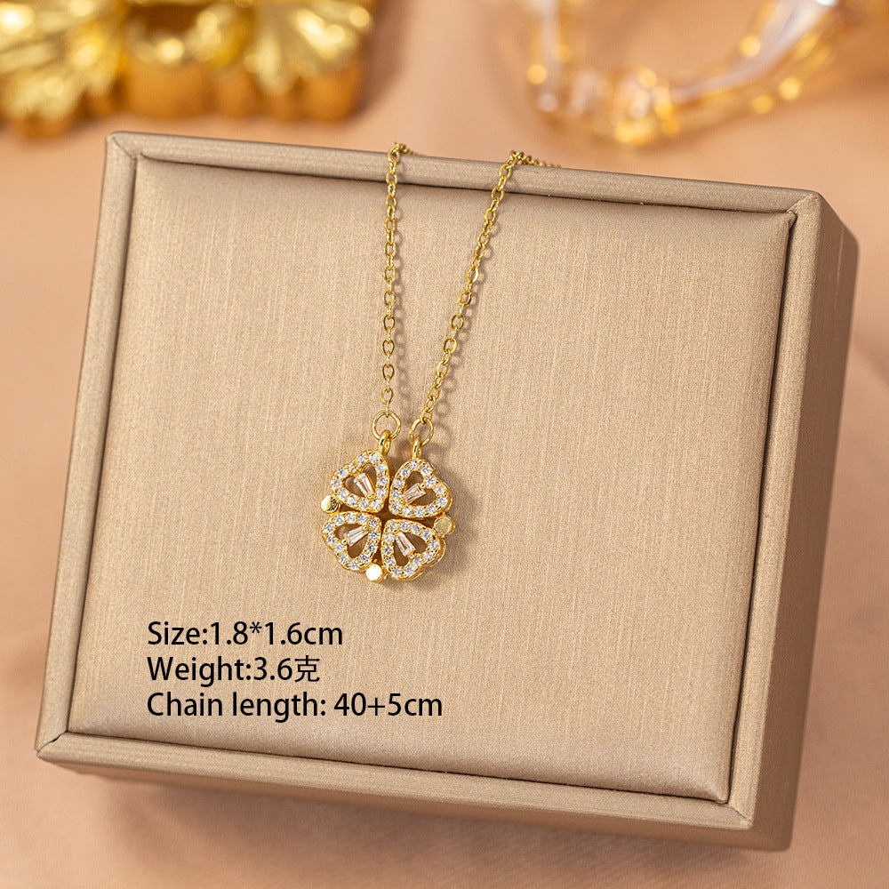 Copper inlaid zirconium four-leaf clover necklace for women, titanium steel real gold plating popularinsfashion flower exquisite sweater chain jewelry
