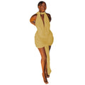 Fashion style cross-border pure color silm women's sexy strappy pleated hip skirt swing collar sleeveless halter short dress