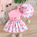 european and american cross-border girls' one-shoulder camisole three-piece set: floral cake dress + matching floral sun hat